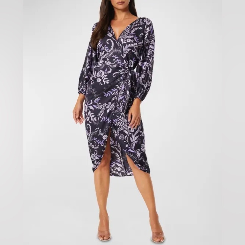 Misa Los Angeles Sylvia Indigo Vines Floral Purple Faux-Wrap Midi Dress EUC Sz S